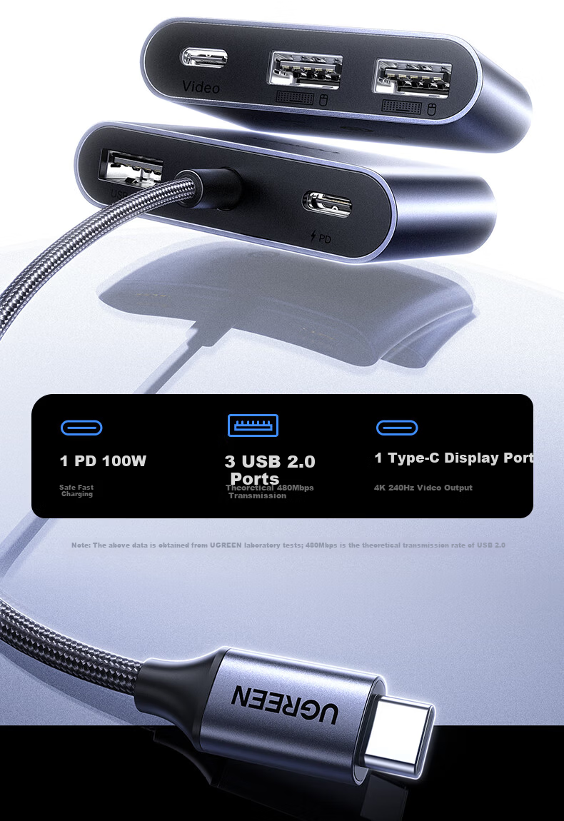 UGREEN Type-C Dock AR Glasses Converter 4K 240Hz Expansion Dock C-Port Screen Casting Thunderbolt Hub for Huawei Apple Mac Laptop Phone Foldable Screen 8