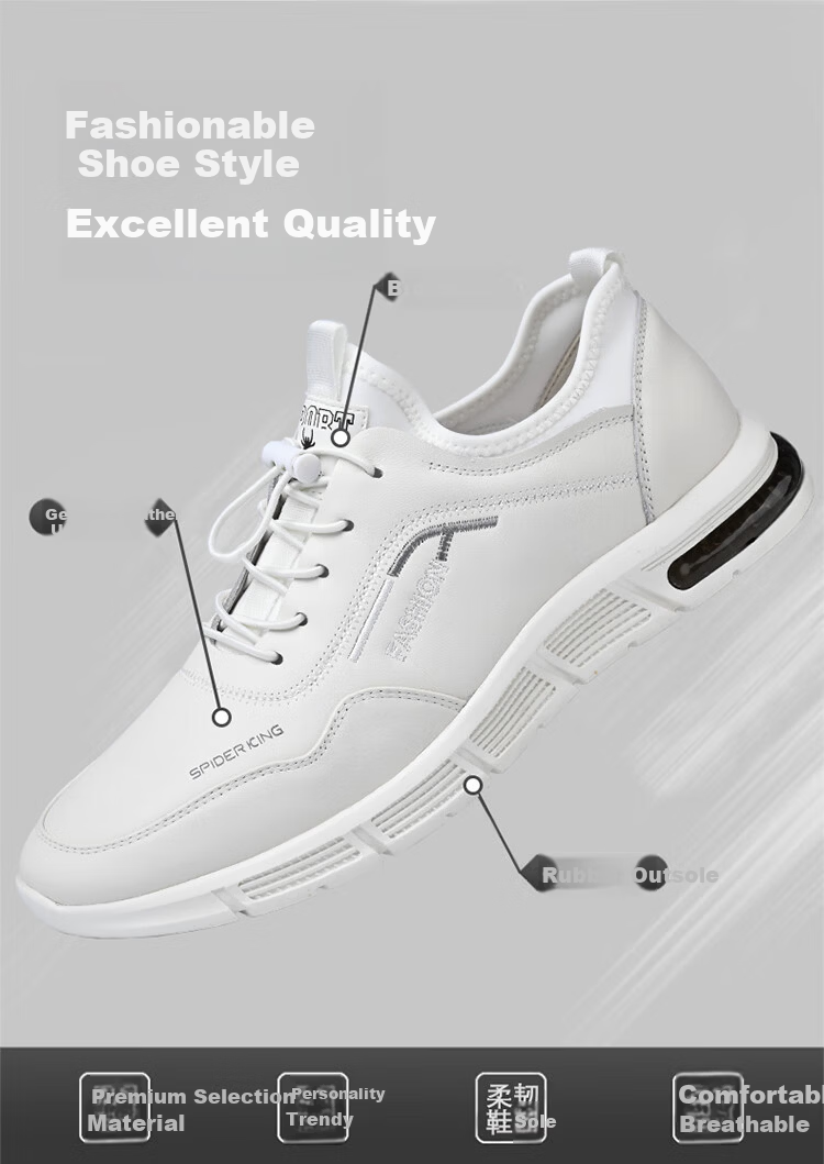 SPIDER KING Men's First Layer Cowhide Soft Surface Soft Sole Sports Shoes Lightweight Durable Casual Shoes 02965 White Size 40 5