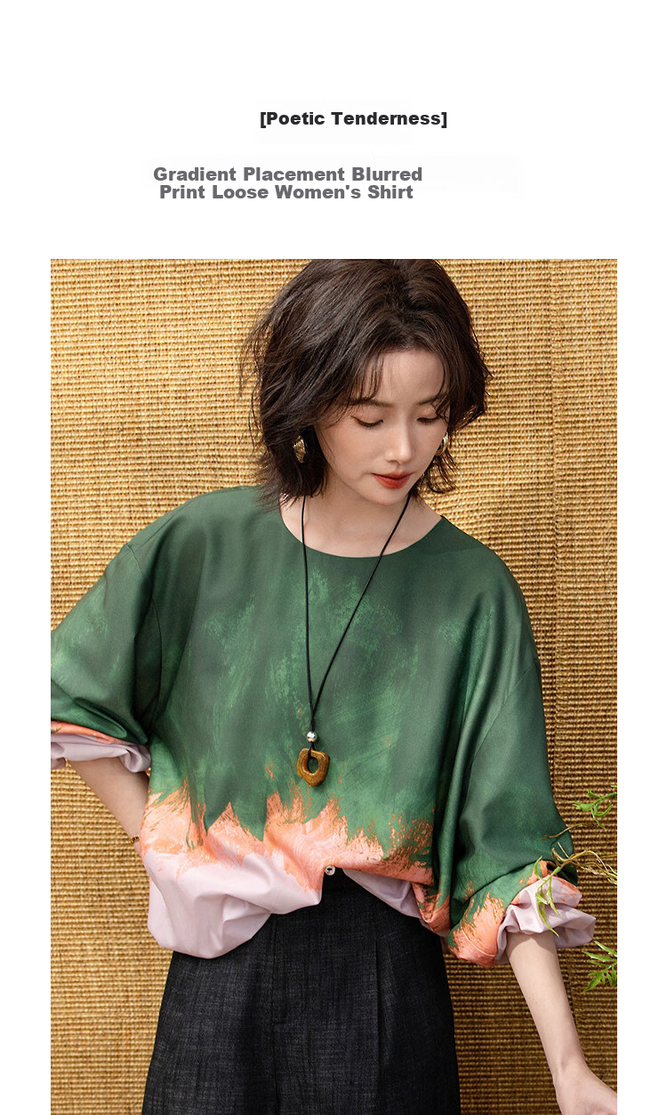 Demana "Poetic Romance" Spring Gradient Placement Dyeing Printed Round Neck Loose Fit Petite Women's Shirt 5