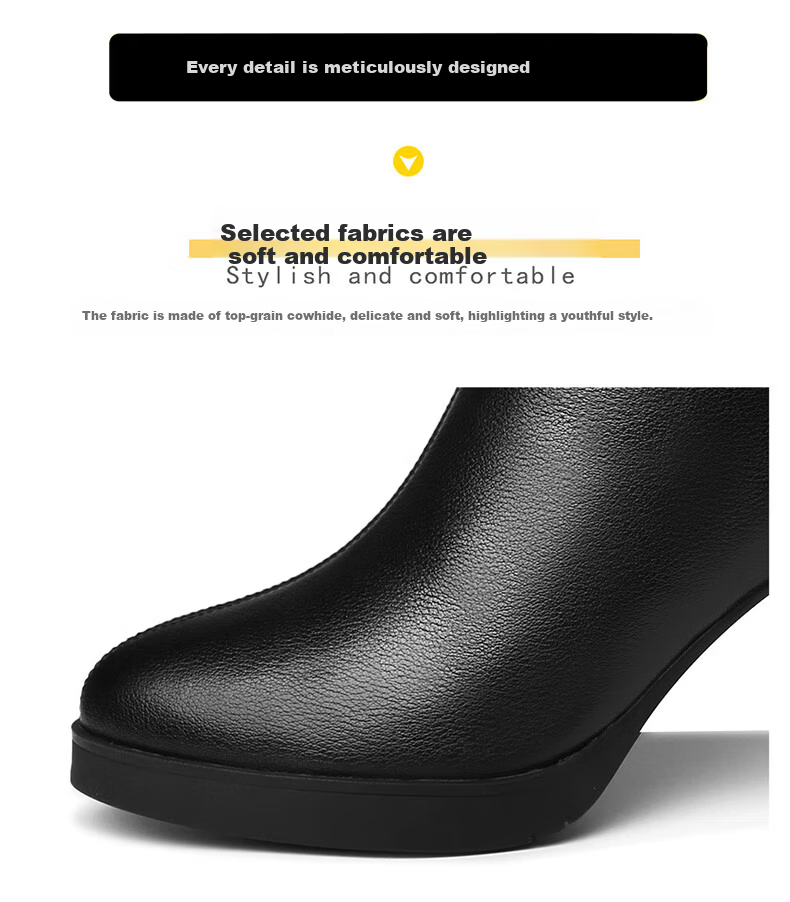 FUGUINIAO Genuine Leather Cowhide Ankle Boots Women Autumn Winter Pointed Toe Chunky Heel Fashion High Heel Boots Black Single Lining Size 36 8