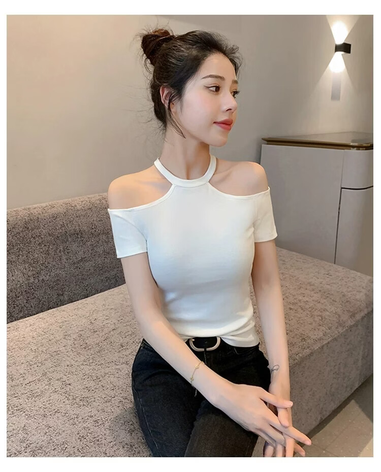 Woodpecker Women's Summer New Sexy Off-Shoulder Short Sleeve T-Shirt Slim Fit White L 10