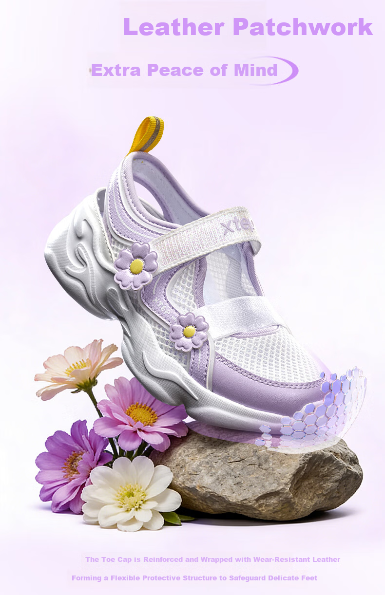 XTEP Kids Toddler Girls Floral Casual Shoes Breathable Mesh Comfortable Sports Shoes Off-White/Peach Pink Size 32 5