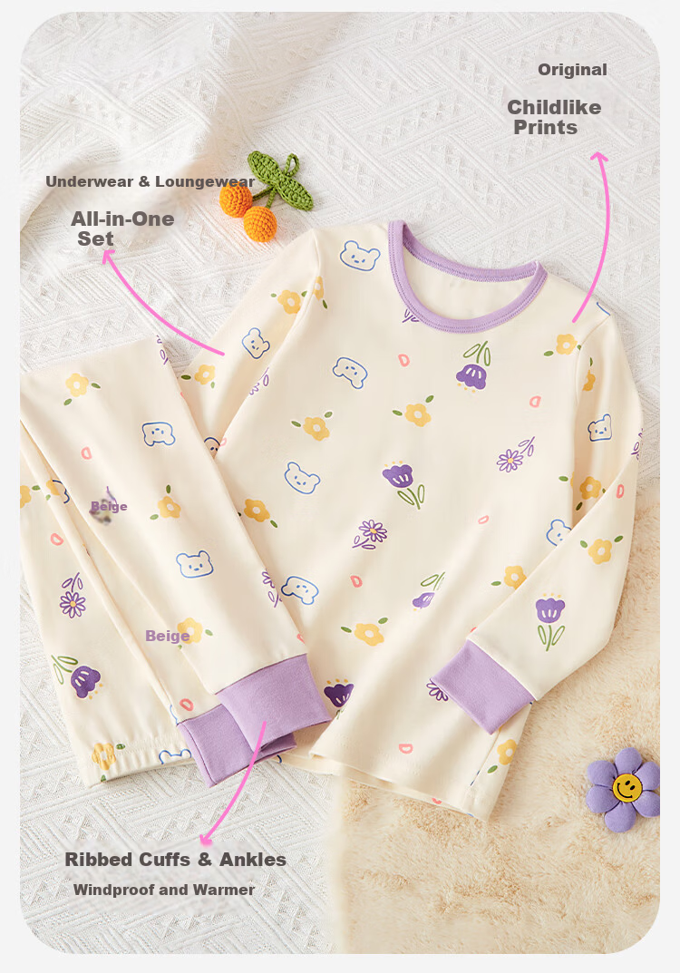 DEESHA Children's Pure Cotton Class A Autumn Thin Long Johns Set Girls' All Cotton Thermal Underwear Set Purple Little Flower Bear 140 2