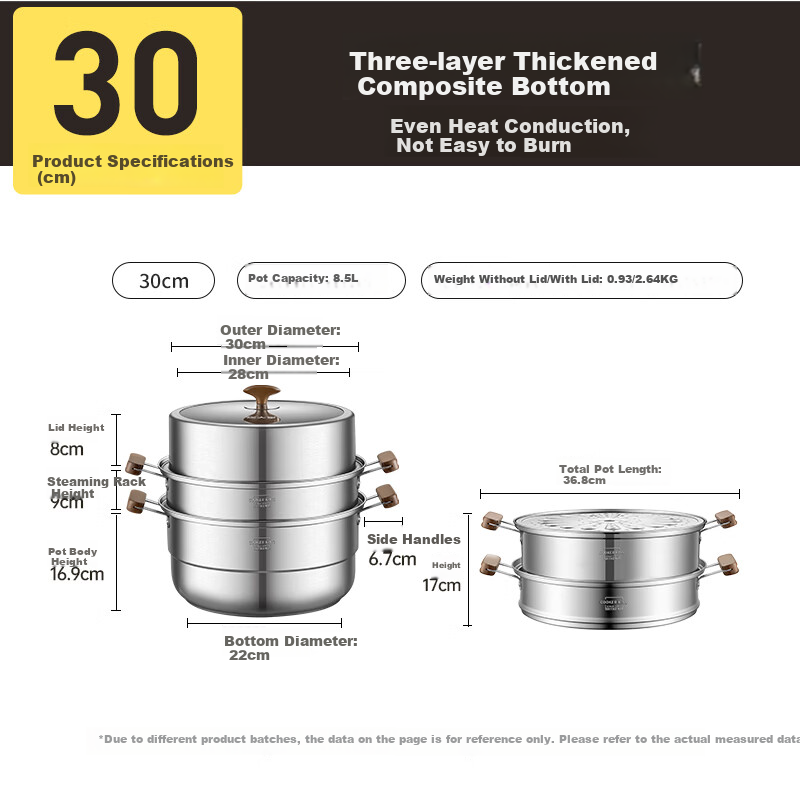 COOKER KING 316L Stainless Steel Three-Layer Steamer Pot with Composite Bottom, Household Soup Pot, Visible High Dome Lid, 30cm