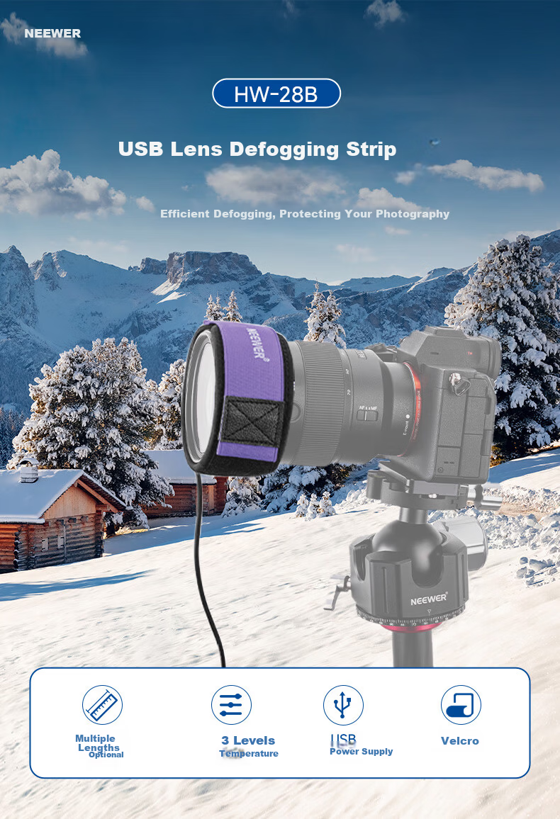 NEEWER Camera Lens Defogging Strap 400MM DSLR Lens Heating Band Warm Band Anti-Fog Heating Camera Accessory Mountaineering Snow Mountain Photography Gear 1