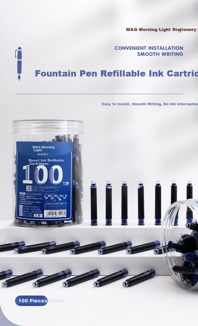 M&G Stationery 0.9ml Refillable Erasable Ink Cartridge for Student Fountain Pen, 100pcs Pure Blue AIC47631B3 1