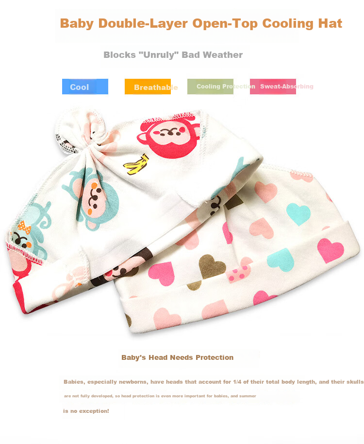 9i9 Baby Hat Pure Cotton Newborn Cartoon Topless Cap Brain Protection Fontanelle Guard 2pcs 0-1 Year Old Monkey F35 5