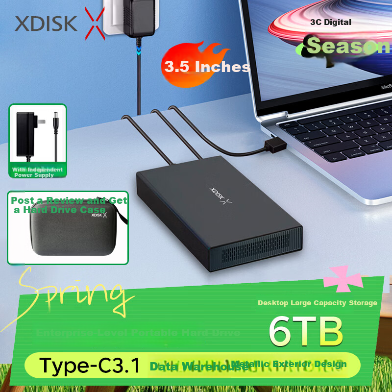 XDISK 6TB Portable Hard Drive USB 3.1 Desktop Hard Drive Type-C External Computer TV Gaming Metal 3.5-Inch Hard Drive Home Data Storage