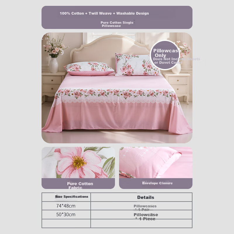 Fuanna 100% Cotton Pillowcase Set, Pure Cotton Pillow Covers for Students and Home Use, Single and Double Pillowcases, Pair, Pink