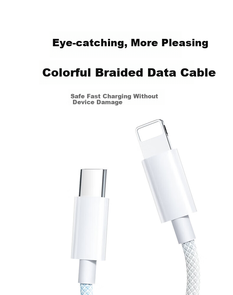 Apple PD30W Fast Charging Cable for iPhone 14/13/12/8, Type-C to Lightning Braided Cable, 1m White, Compatible with iPad and Car Use 1