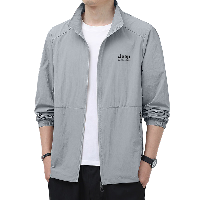 JEEP Men's Ice Silk Summer Sun Protection Jacket UPF50+ Ultra-Thin Breathable Stand Collar Anti-UV Coat Khaki 2XL