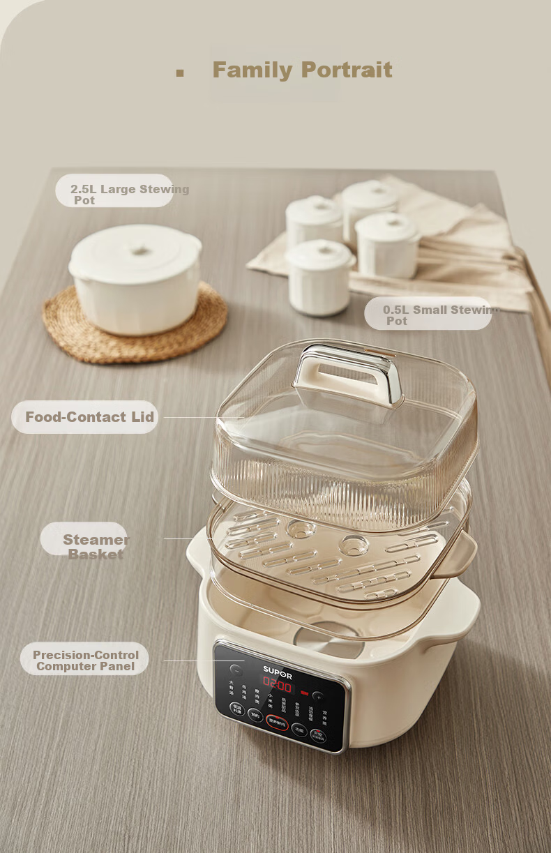 SUPOR Electric Stew Pot, Water Bath Stewing Cooker, Household Porridge and Soup Pot, Bird's Nest Stew Pot with White Ceramic Inner Pot, Steaming and Stewing DZ25FC859 2.5L Multifunctional Cooker 19