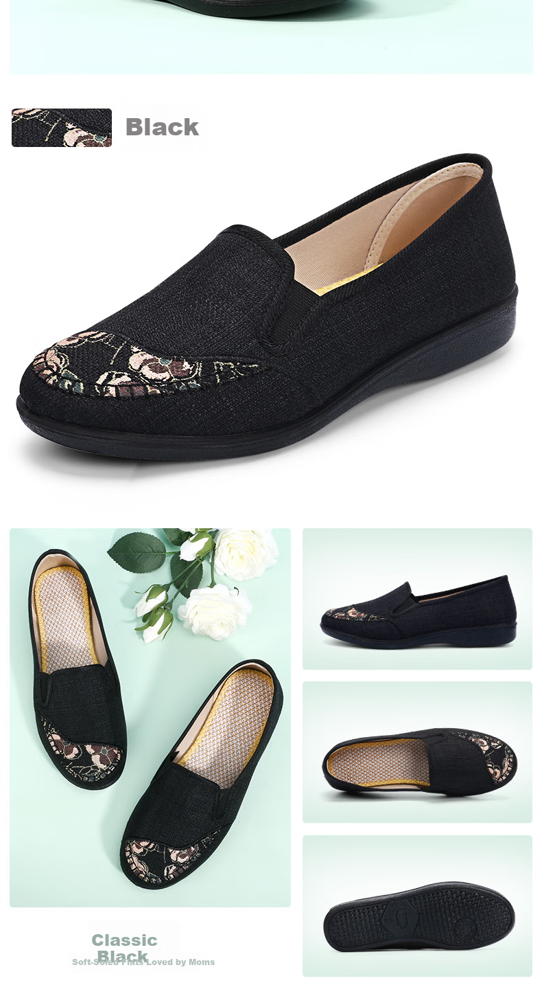 BUSHEYUAN Women's Flat Round-Toe Slip-On Soft Sole Breathable Casual Shoes for Moms, Easy Wear Lazy Shoes, Middle-Aged and Elderly Beijing Cloth Shoes, Black, Size 36, Model 210-1322 13