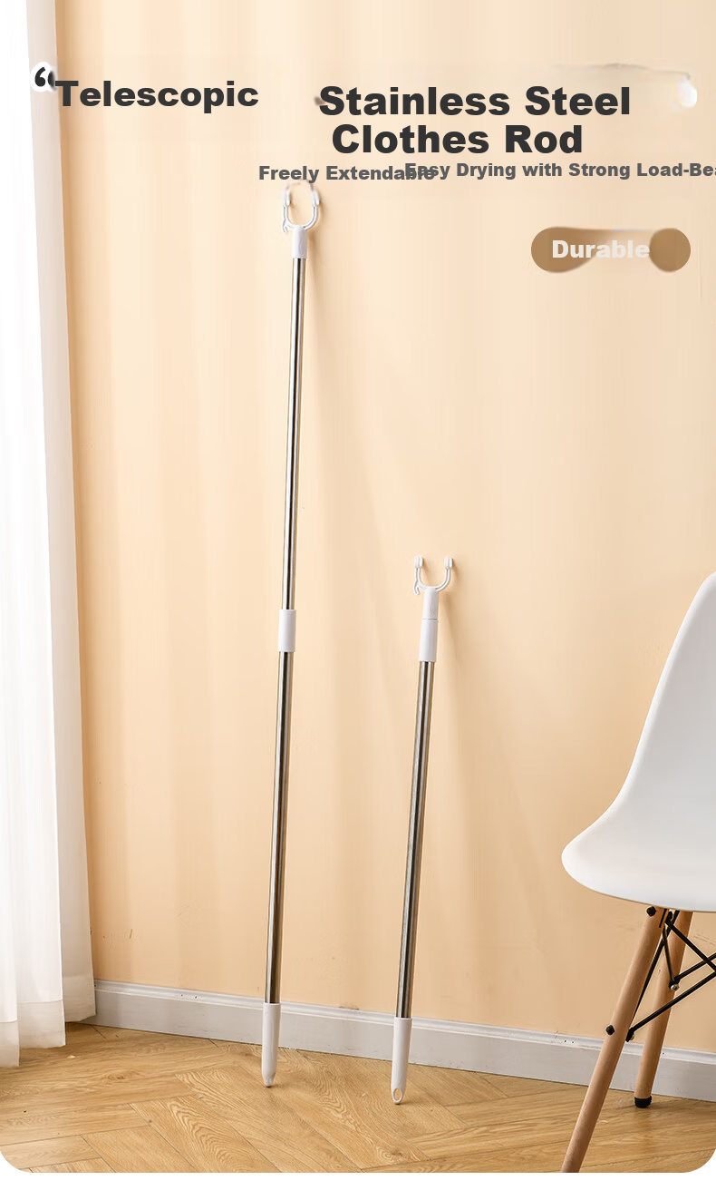 FK Retractable Clothes Drying Rod, No Drilling Required, Extendable Laundry Hanger for Balcony, Five Adjustable Levels, Stainless Steel Indoor Hanging Quilt Drying Tool 1