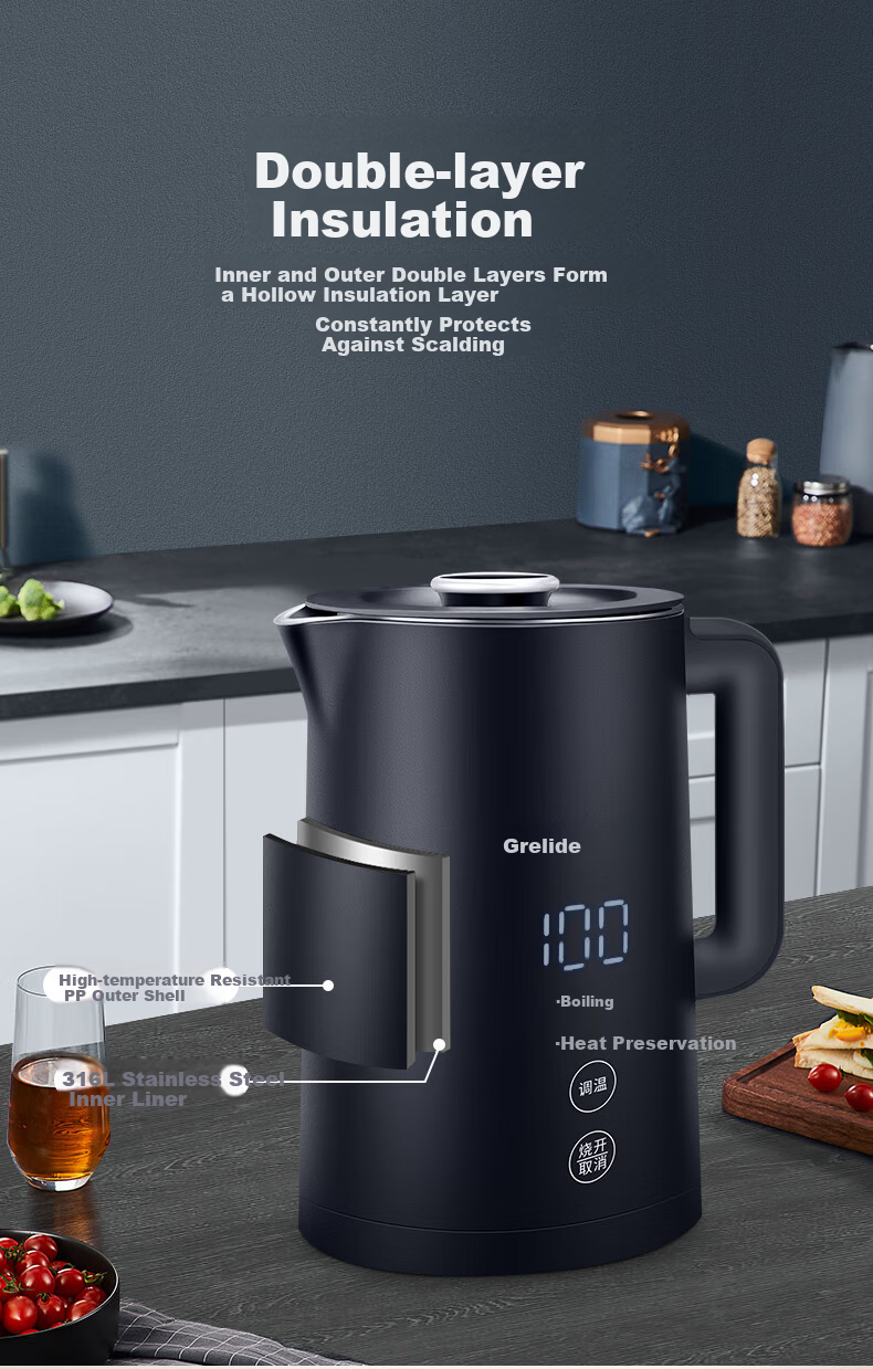 Grelide 316L Stainless Steel Electric Kettle, Insulated Temperature Control Electric Water Boiler, Large Capacity Multi-Temperature Heating Kettle D2217E Jazz Blue 7