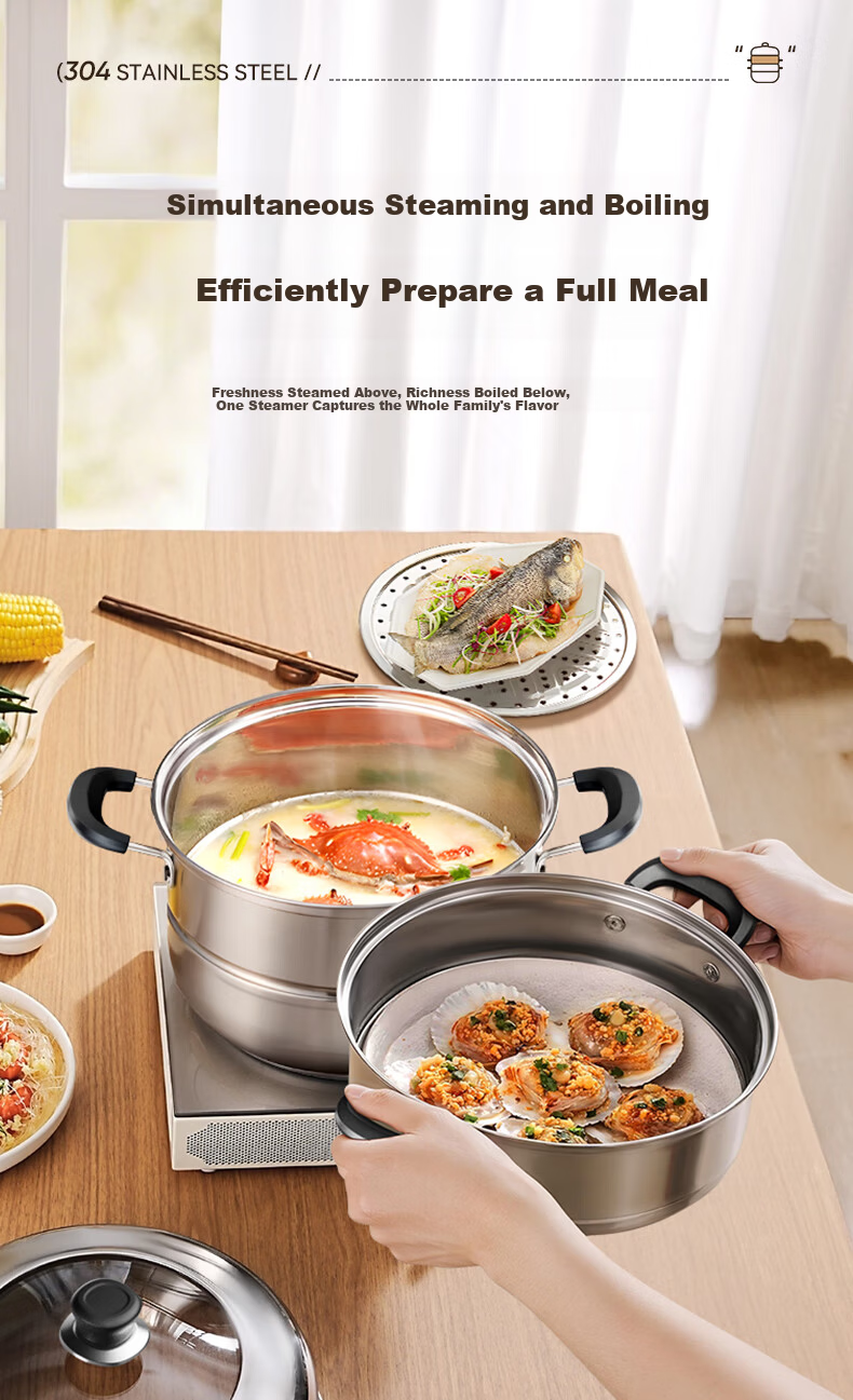 Royalstar 304 Stainless Steel Steamer Pot Soup Cooker High Capacity Three-Layer 28cm Compatible with Gas and Induction Cookers 10