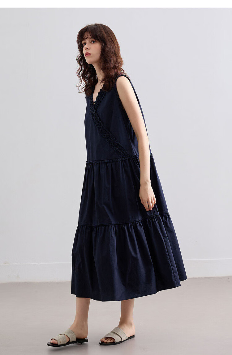 Demana [100% Cotton Poplin] Summer French Style Cross V-Neck Sleeveless Ruffle Slim A-Line Mid-Length Dress for Women 19