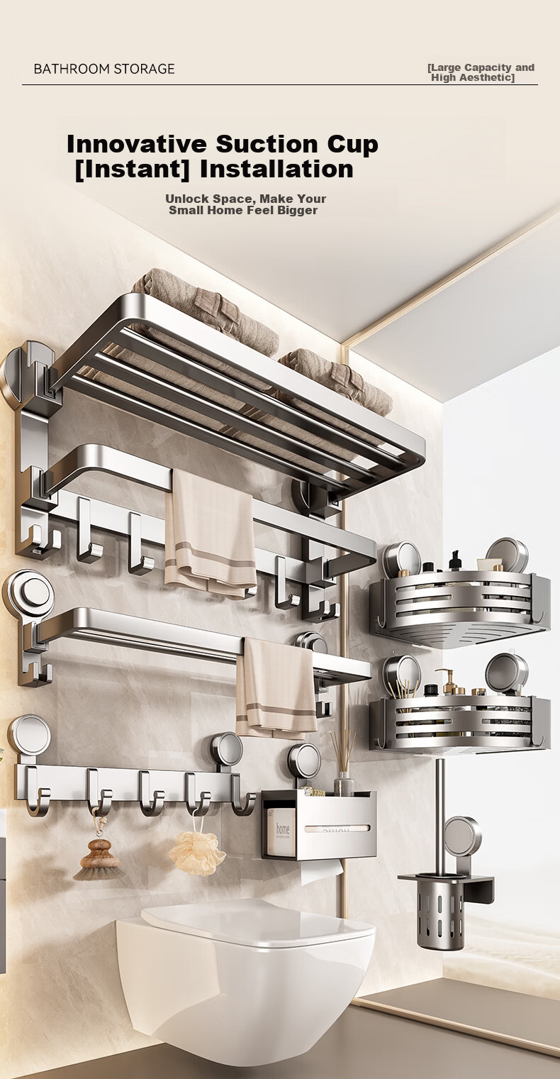 Baihan Suction Cup Towel Rack No Drilling Bathroom Storage Rack Shower Hanging Bathroom Towel Holder Organizer Rack 1