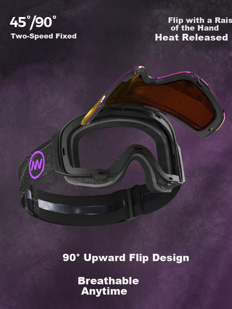 Nan En Ski Goggles Protective Eyewear Women Snowboard Glasses Breathable HD Anti-Fog Flip-Up Men Black Frame Purple 3