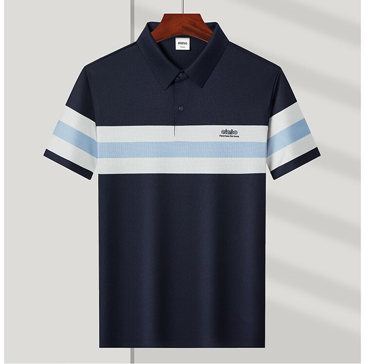 Edenbo Men's Short Sleeve Polo Shirt Spring Summer Four-Way Stretch Classic Striped Top Navy Blue 170/88A (L) 15