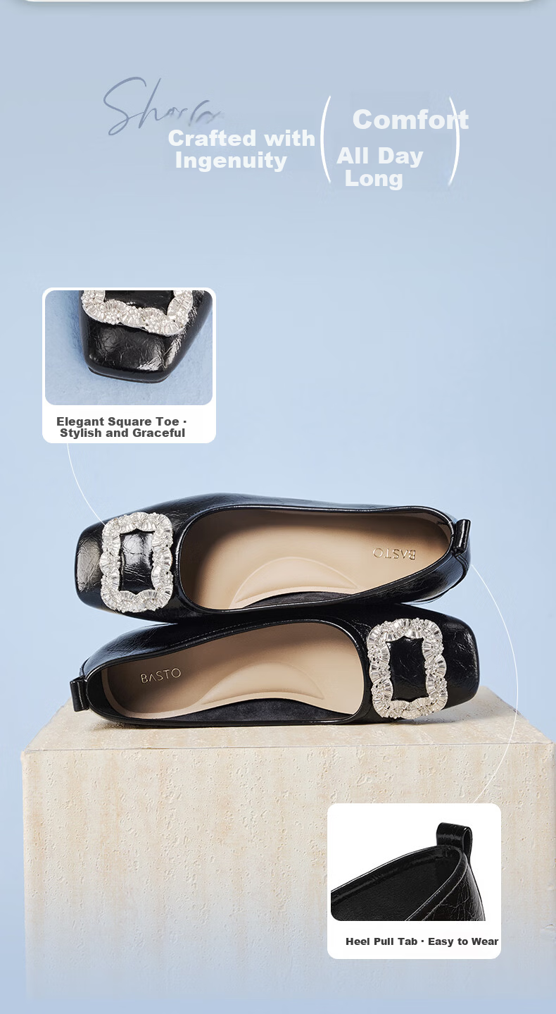 Basto 26 Spring Fashion Shiny Rhinestone Commuting Low-Cut Square Toe Women's Flats R6162AQ6 Beige 37 7