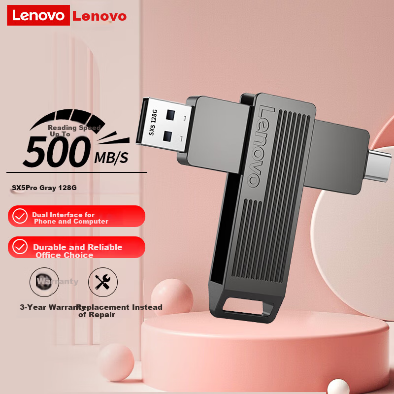 Lenovo 128GB Solid State USB Flash Drive Type-C/USB3.2 Dual Interface Rotating USB Drive for Mobile and PC 500MB/s Read Speed SX5Pro Series Gray