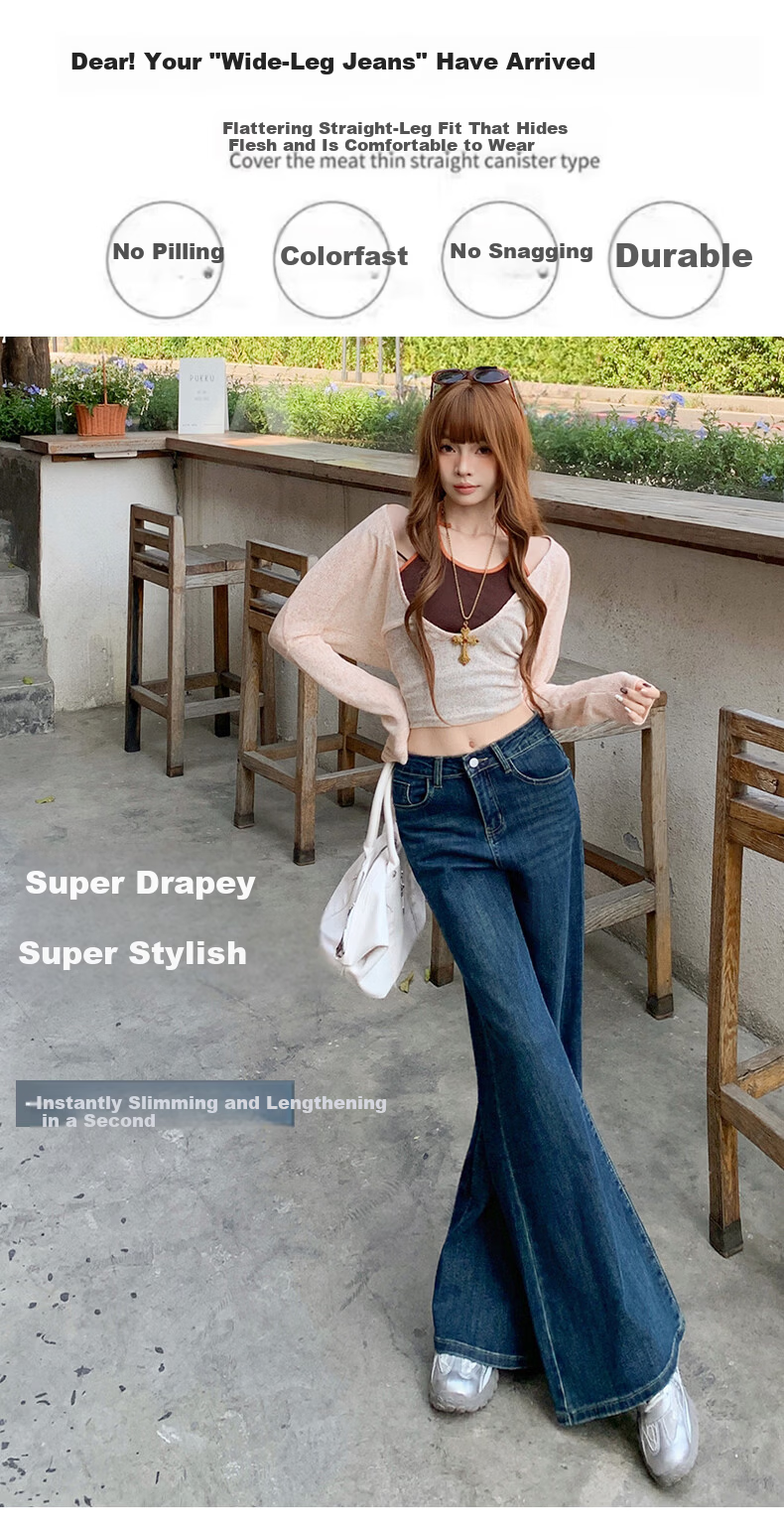 Jeanswest Women's Summer High-Waist Slimming Wide-Leg Casual Flowy Bootcut Jeans Dark Blue XL 4