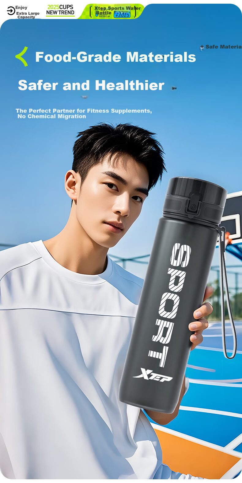 XTEP Sports Water Bottle Large Capacity Student Children School Use Unisex Fitness Portable Bottle High Temperature Resistant Summer Cup Black 10