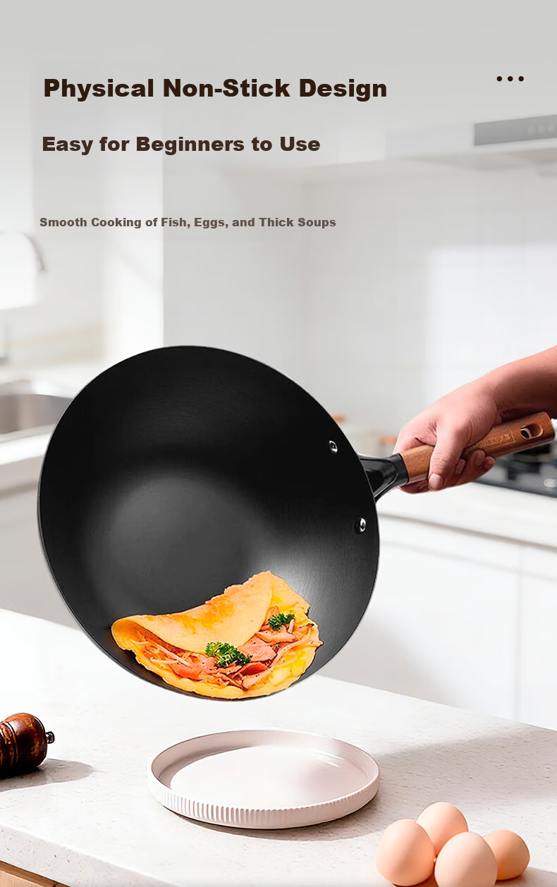 Tianxi 30cm Healthy Uncoated Ribbed Iron Wok Flat Bottom Non-Stick Stir Fry Pan Compatible with Open Flame Gas and Induction Cookers 8