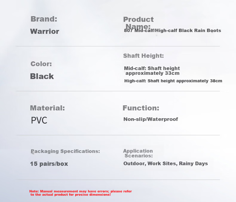 Warrior High Tube Rain Boots Waterproof Outdoor Non-Slip Rubber Shoes Reflective Patch Upgrade Model 8127 Black Size 45 10
