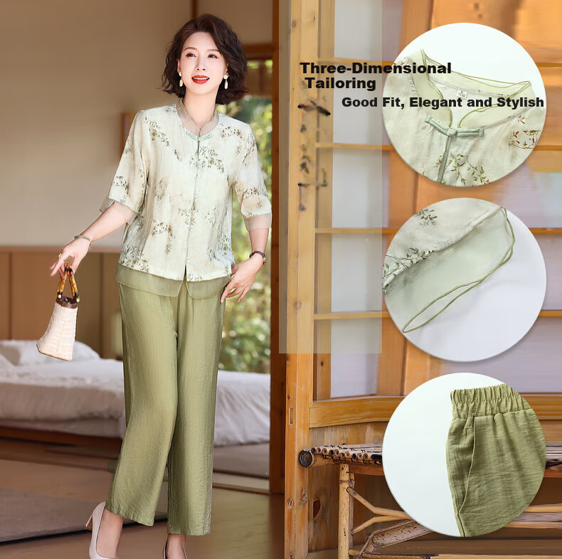 Hengyuanxiang Middle-Aged And Elderly Women's Clothing, 2026 New Style for Ages 50-60 And 70, Fashionable Mom Outfit, Summer Wear, New Chinese-Style National Trend Short-Sleeve Set 4