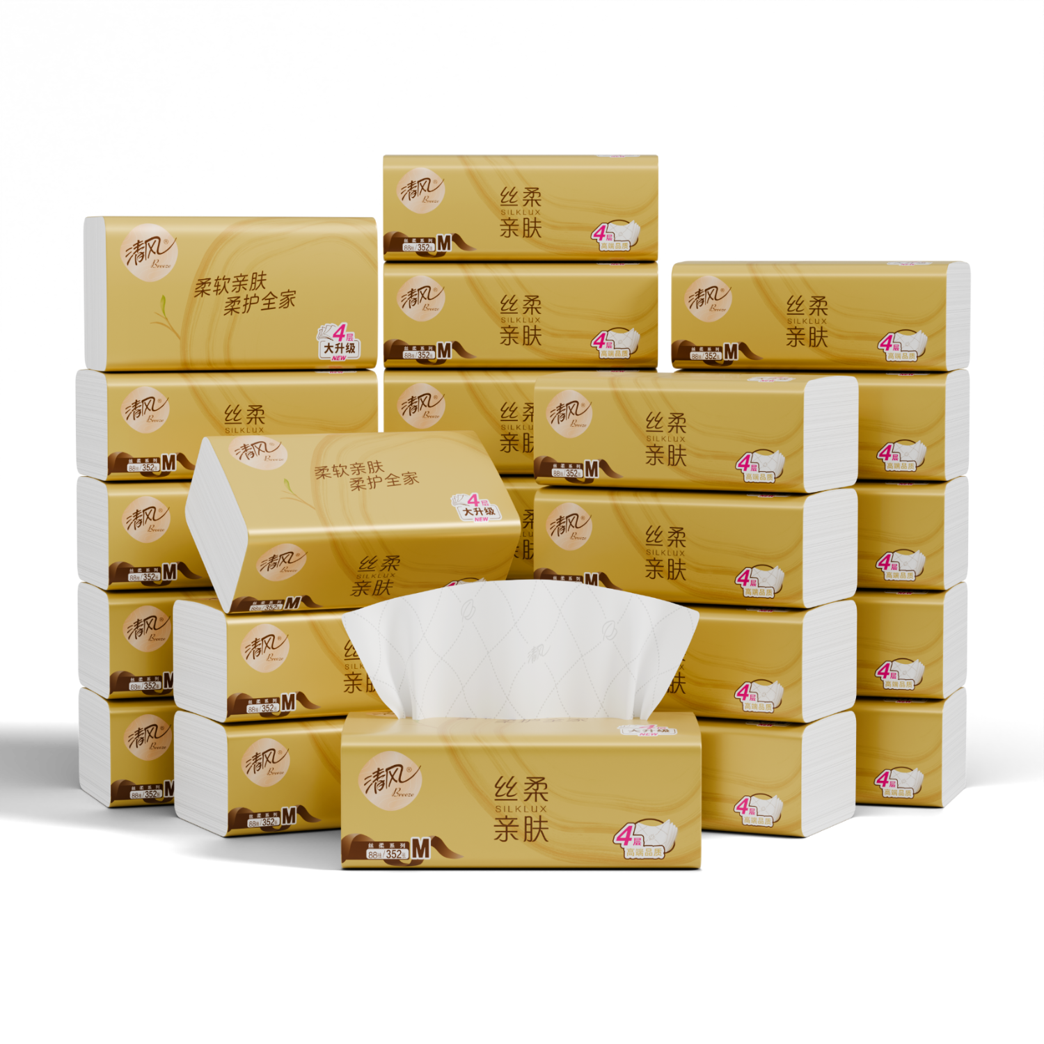 Qingfeng Facial Tissues, Soft Gold Grade 4-Ply 88 Sheets 24 Packs M Size, Toilet Paper for Home Use, Paper Towels, Napkins, Whole Box Packaging