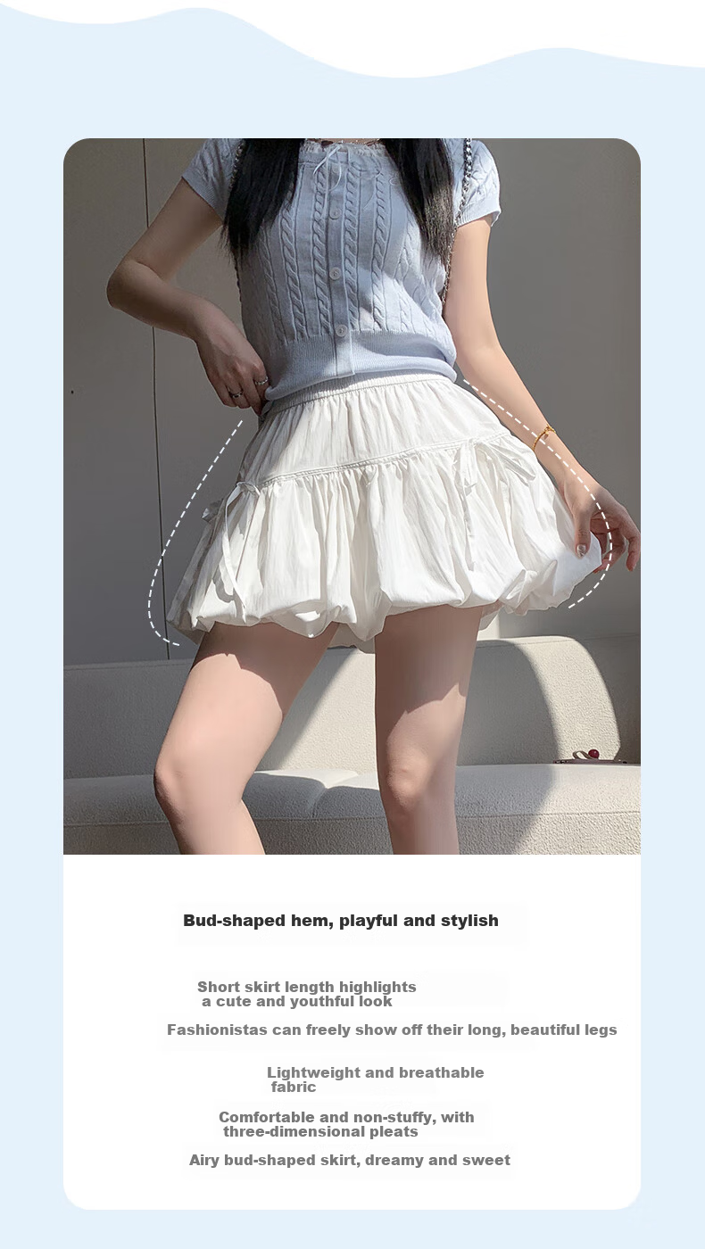 BOPRUIEY White Bud Short Skirt Women's Summer Anti-Exposure High-Waist Cloud Puff A-Line Skirt with Bow 3