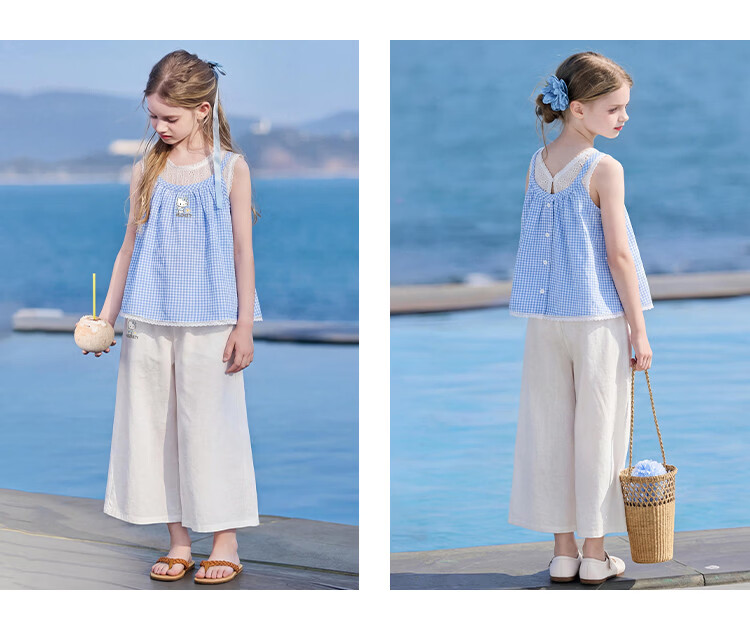 Hello Kitty Girls Summer Salt Style Fresh Plaid Cartoon Set 2026 New Loose Sleeveless Outfit for Older Kids 9