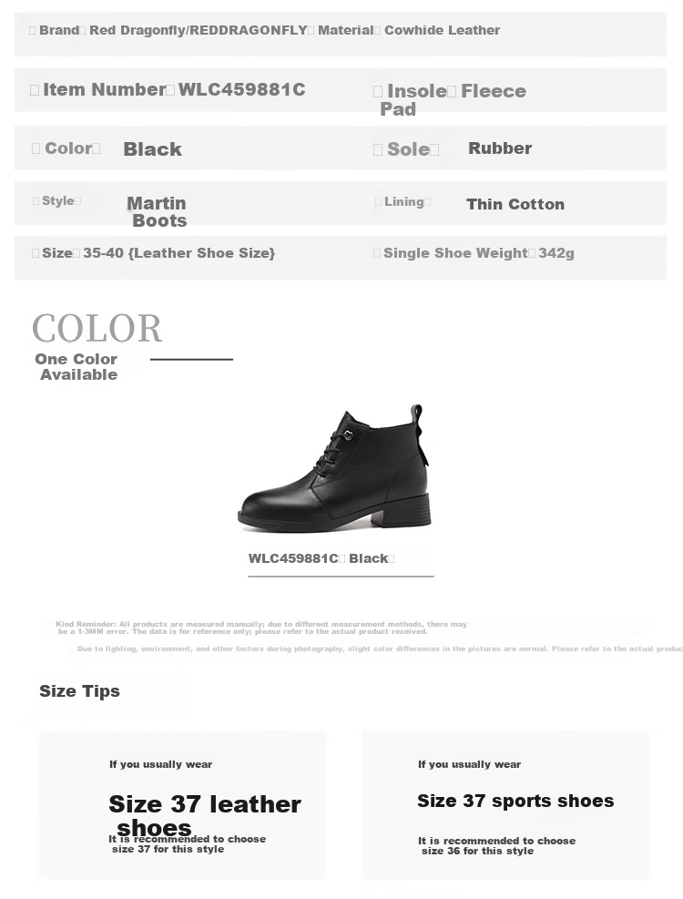 Red Dragonfly Women's Leather Winter Fleece-Lined Warm Short Boots Versatile Soft Sole Lightweight Martin Boots WLC459881C Black Size 40 8