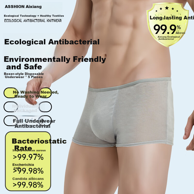 ASSHION Men's Disposable Sterilized Travel Portable Wash-Free Boxer Briefs Gray 5-Pack 2XL