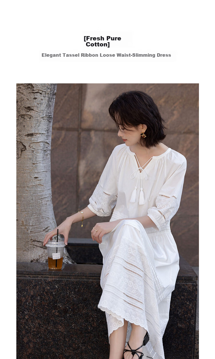 Demana Fresh Cotton Summer Elegant Tassel Ribbon Waist Slimming Conceal Body Dress for Women High-End Feel 4