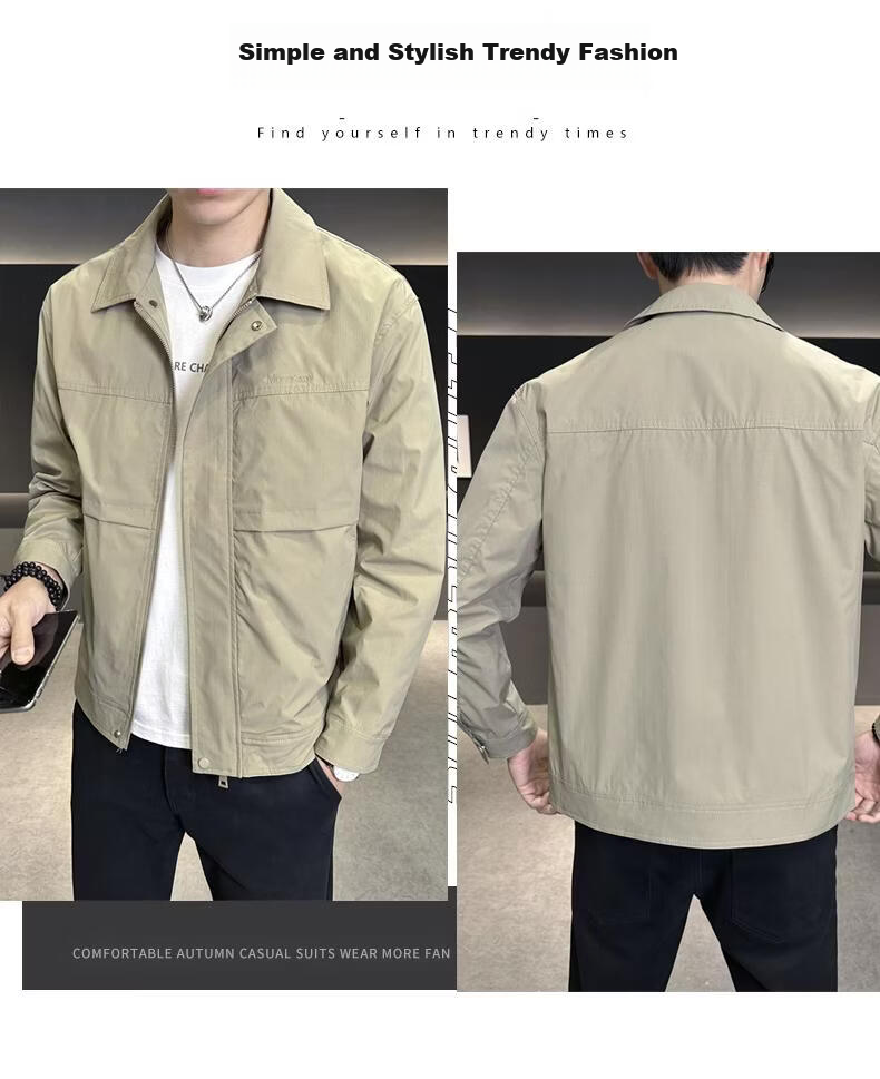 ROMON Men's Jacket Spring Autumn Turn-down Collar Business Casual Workwear Windproof Coat Khaki 3XL 2