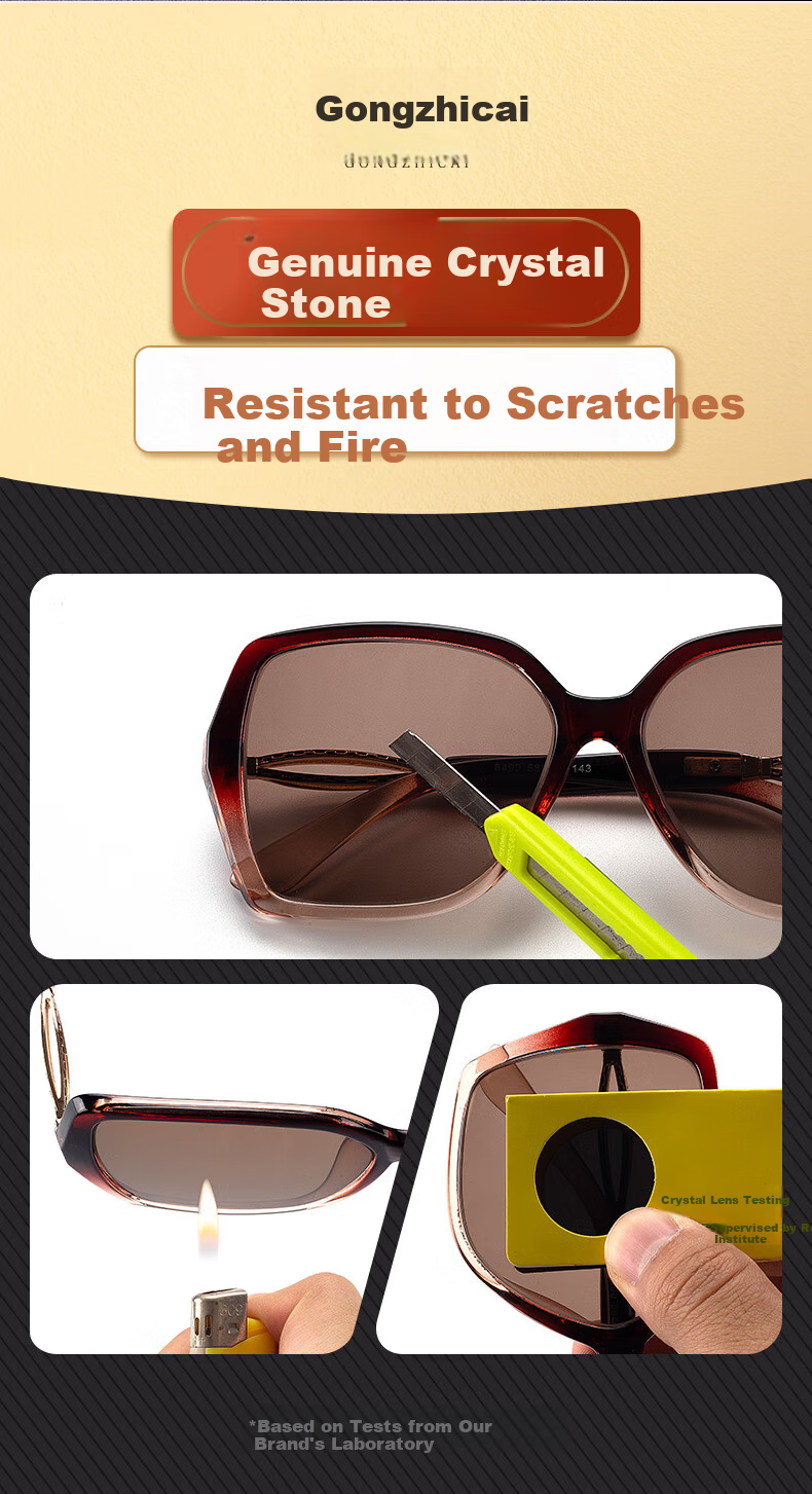 Gongzhicai Women's Crystal Sunglasses HD Brown Real Stone Lens Elegant Temperament UV Protection Gift for Mom 2