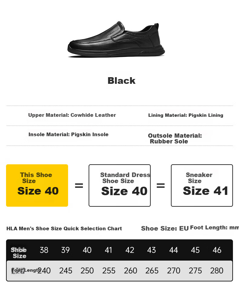HLA Men's Leather Shoes, Fashionable Casual Cowhide Slip-On Soft-Soled Shoes HAAPXM1EAG057, Black, Size 41 4