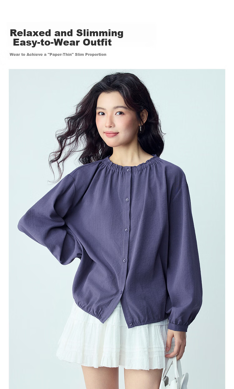 Giordano Women's 2026 Spring New Elastic Gathered Round Neck Loose Drop Shoulder Long Sleeve Shirt 13346153 7