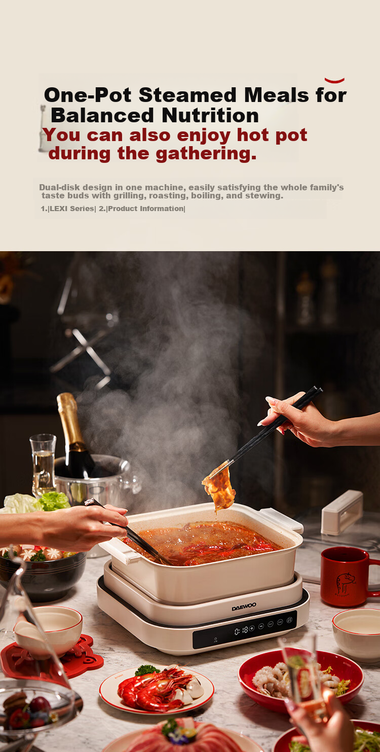 DAEWOO Wanshi Electric Steamer Thickened High Borosilicate Glass Multifunctional Stew Steam Cook 3-in-1 Steam Pot Grill Hot Pot Stainless Steel S31 Red 13