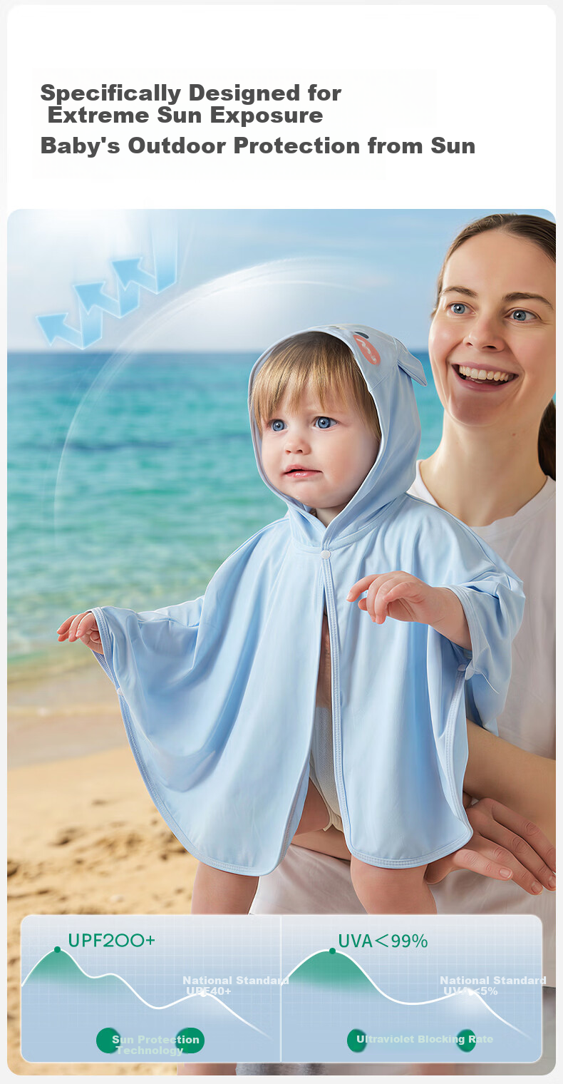 OUYUN [Jelly Cool] Children's Sun Protection Jacket Baby Boys and Girls Sun Protection Cape Ice Silk Cooling Summer Cloak Mist Blue 3