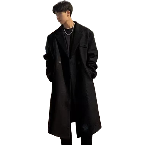IZEXX Men's Woolen Coat Autumn Winter Mid-Length Loose Over-the-Knee Trench Coat Korean Style Blazer JZ51 Black 2XL