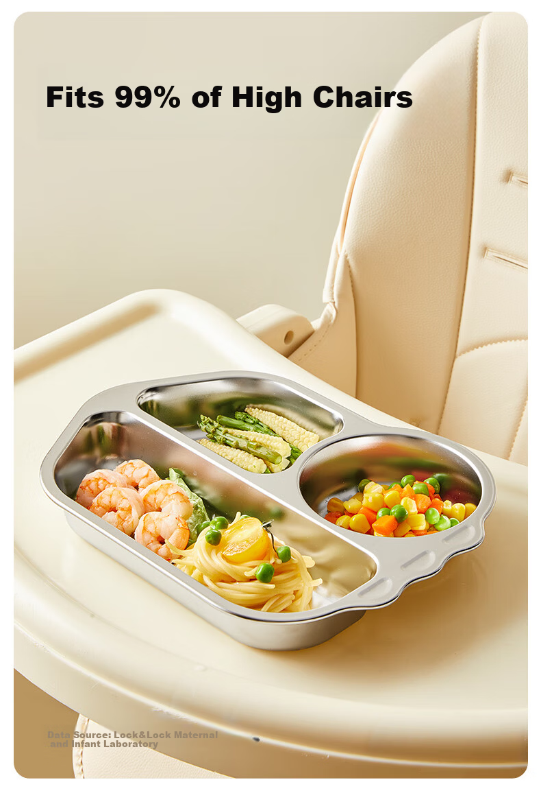 LOCK&LOCK Children's Divided Plate, 316L Stainless Steel Compartment Plate, Baby-Specific Food Tray, Kindergarten Meal Divider, Dining Utensils 8