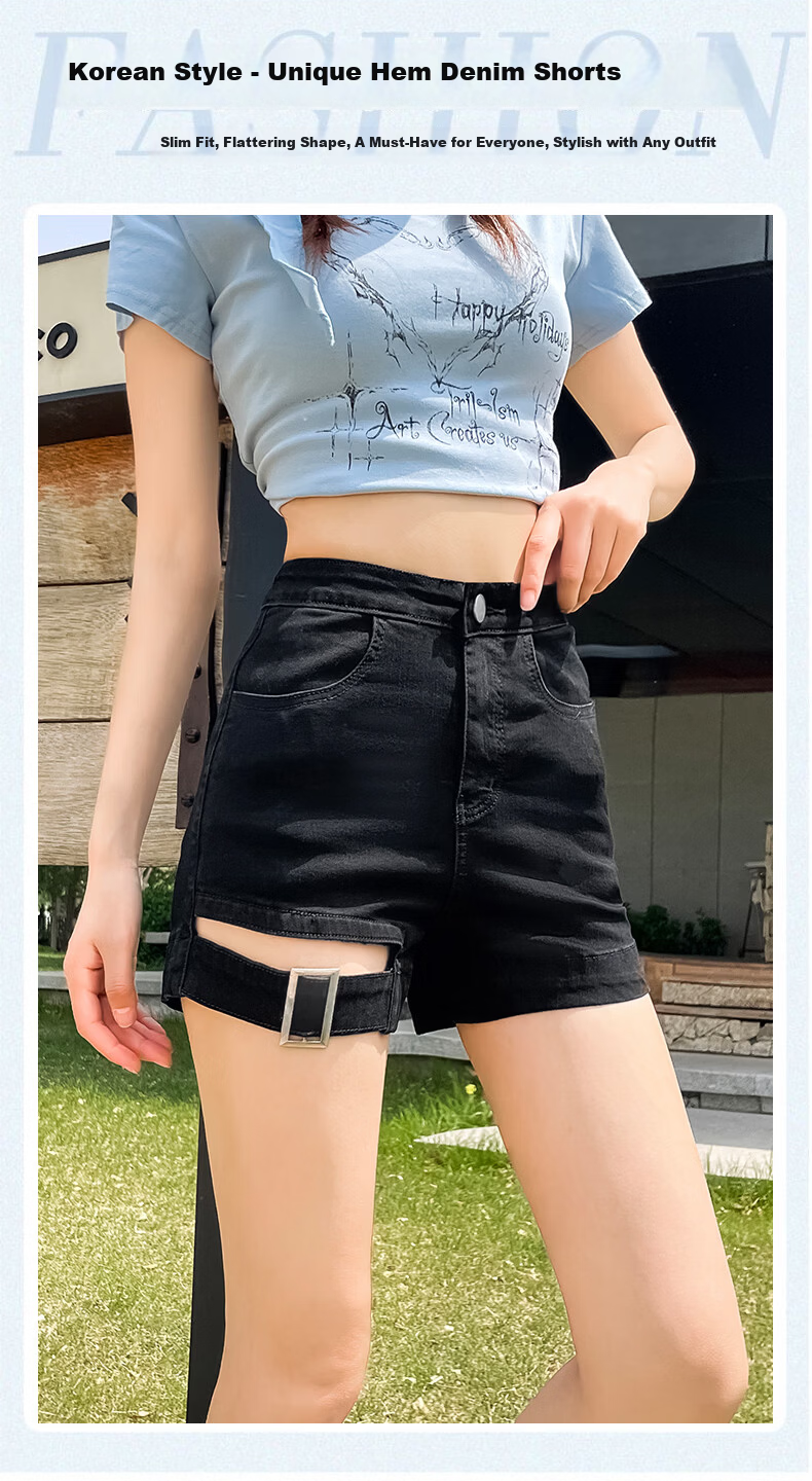 Jeanswest Women's Denim Shorts 2026 Spring Summer High Waist A-Line Slim Functional Style Hot Pants Black M 1