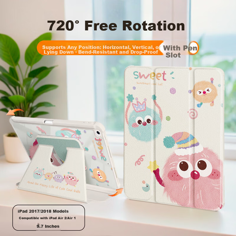 Aswa 9.7-inch iPad Case with Pencil Slot 360-Degree Rotatable Cartoon Painted Silicone Shockproof Anti-Bend Cover Compatible with iPad 5/6/Air2/Air1