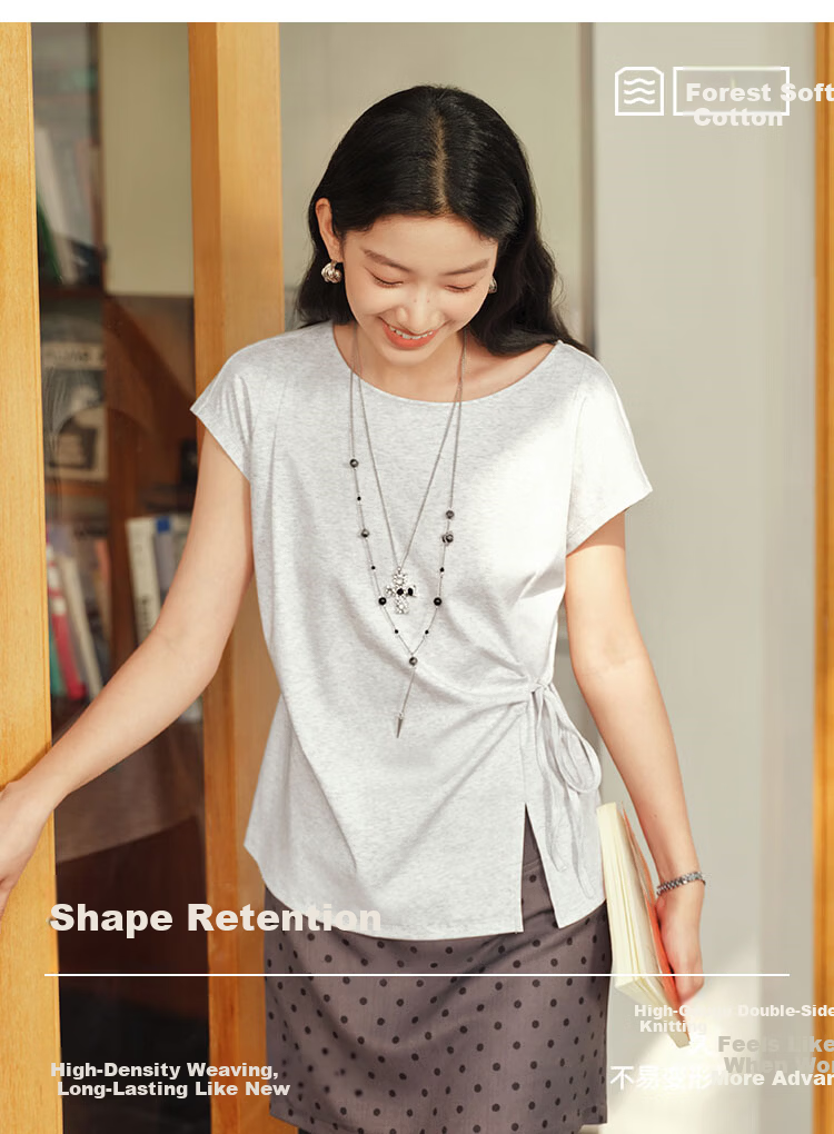 Semir Senrou Women's Summer T-Shirt Off-Shoulder Bow Split Pure Cotton 2026 Gentle Style 109326100010 10