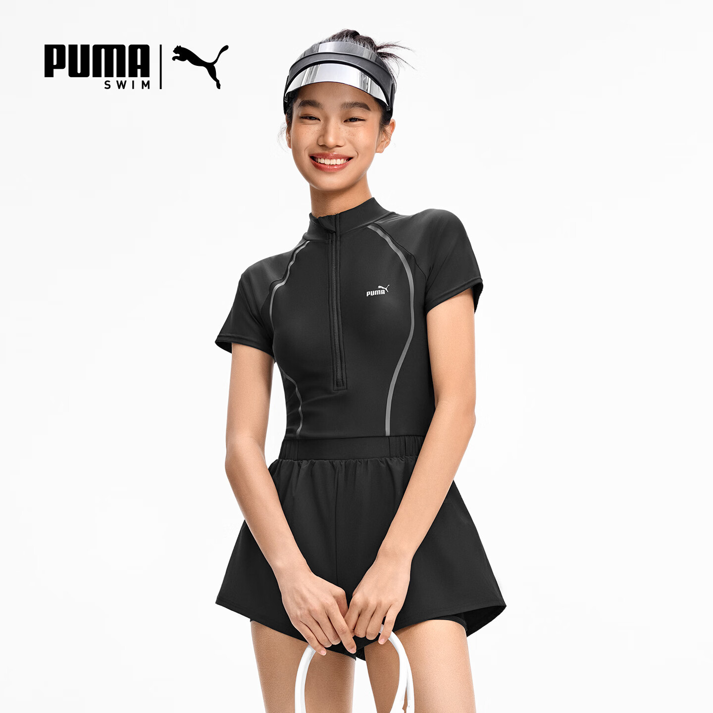 PUMA Women's Swimsuit, 5A Antibacterial Sun Protection, Slim-Fit One-Piece Boyshort, Fake Two-Piece Design, Anti-Exposure, Detachable Chest Pads, Vacation Swimwear