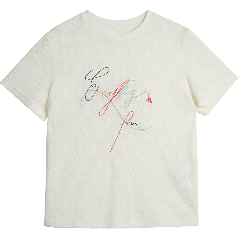 Olrain Summer New Round Neck Textured Hollow Jacquard Embroidered Short Sleeve Knit T-Shirt for Women Beige L